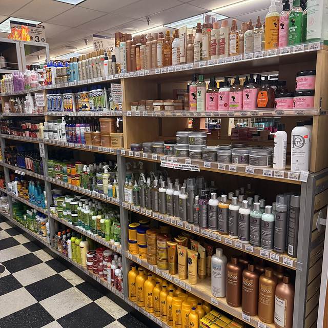 Styling and hair care product shelves at Beauty Time