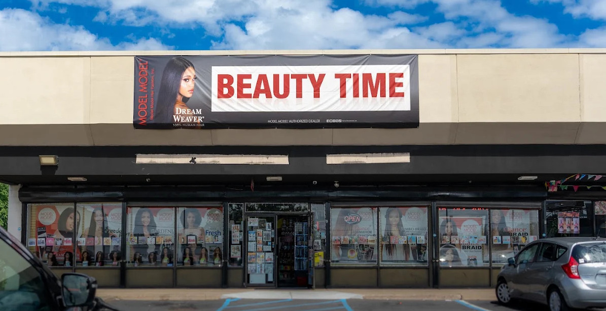 Beauty Time beauty supply storefront on Rising Sun Ave in Northeast Philadelphia, with the red BEAUTY TIME sign above the windows