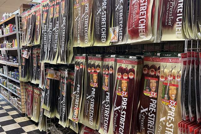 Braiding hair aisle at Beauty Time, pre-stretched and bulk braid packs
