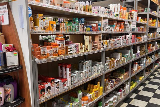 Skin care shelves at Beauty Time with lotions, creams and cleansers