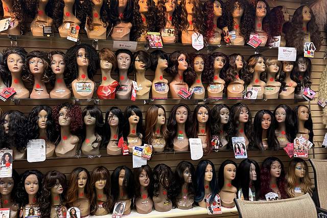 Wall of wigs on display at Beauty Time in Philadelphia